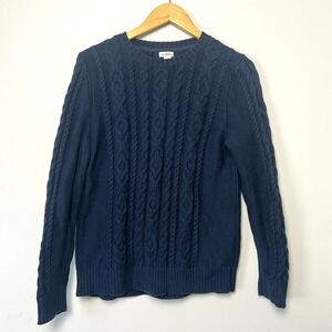 LLBean Navy Blue Cable Knit Cotton Sweater Crew Neck Long Sleeve Women's L Pet.